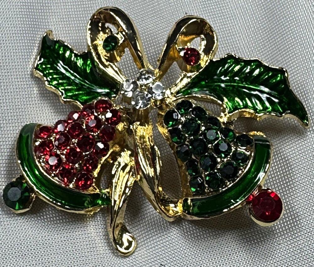 Christmas Bells Brooch Red Green Rhinestone Enamel Gold Tone Holly Bow Pin